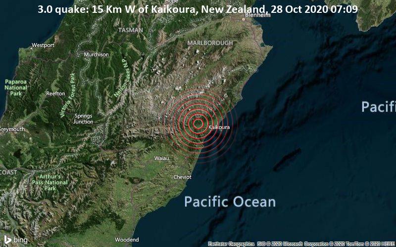 3.0 quake: 15 Km W of Kaikoura, New Zealand, 28 Oct 2020 07:09