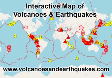 Interactive map of latest earthquakes and active volcanoes in the world