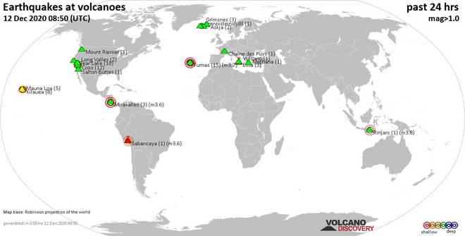 World map showing volcanoes with shallow (less than 20 km) earthquakes within 20 km radius  during the past 24 hours on 12 Dec 2020 Number in brackets indicate nr of quakes.