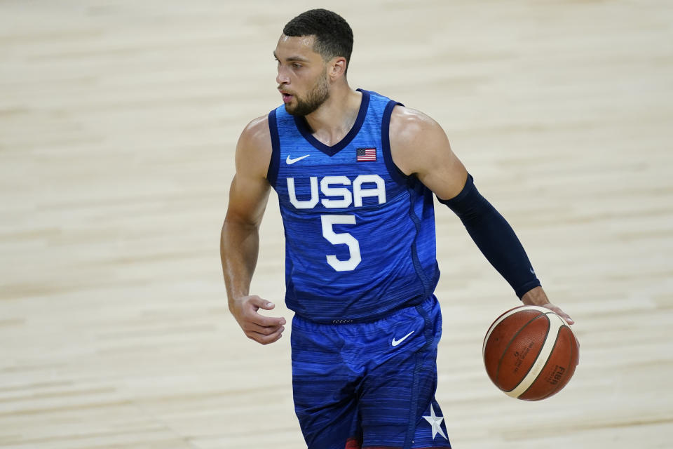 United States&#39; Zach LaVine plays against Australia during an exhibition basketball game Monday, July 12, 2021, in Las Vegas. (AP Photo/John Locher)