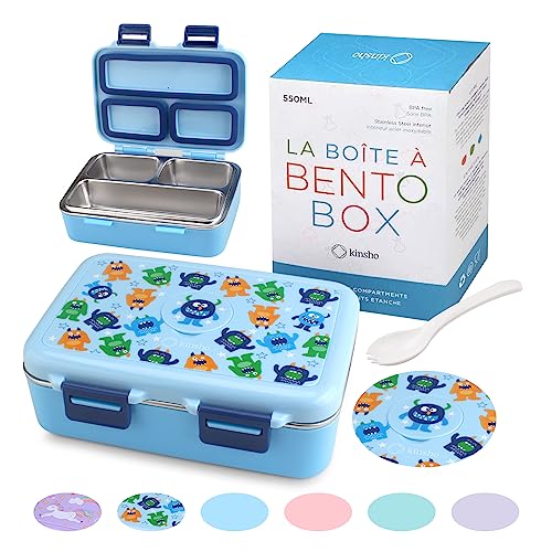 kinsho Stainless Steel Lunch Box for Baby or Toddlers Boys, Mini Bento, 3 Eco Metal Portion Sections Leakproof Lid, Pre-School Daycare Lunches, Kids Spill-Proof Snack Container, Blue Cute Monster